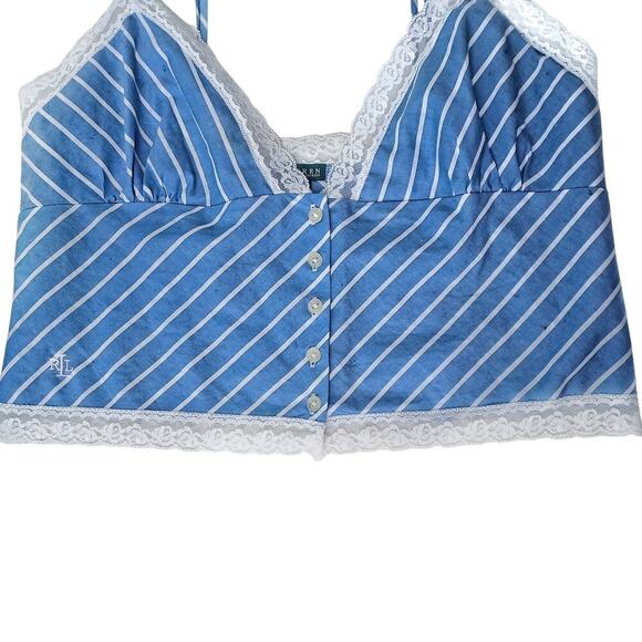Ralph Lauren Blue White Striped Cotton Camisole Top | Lace Trim Summer Button up - Picture 16 of 16